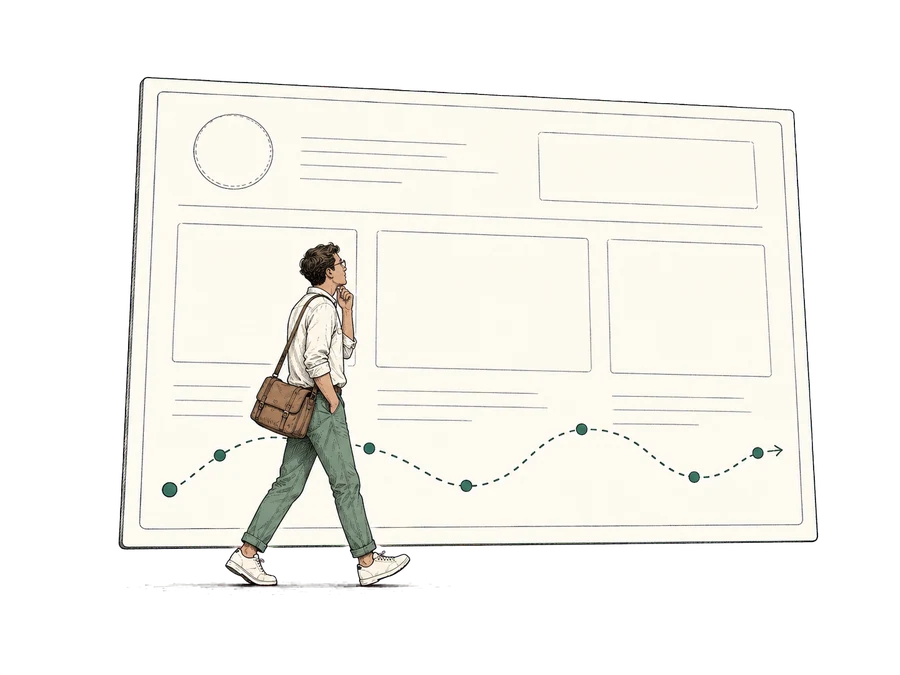 A buyer walking across a page, tracing a dotted path of decision points.